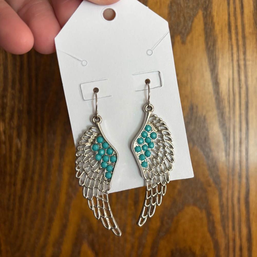 Silver Wing Earrings with Turquoise Accents NEW